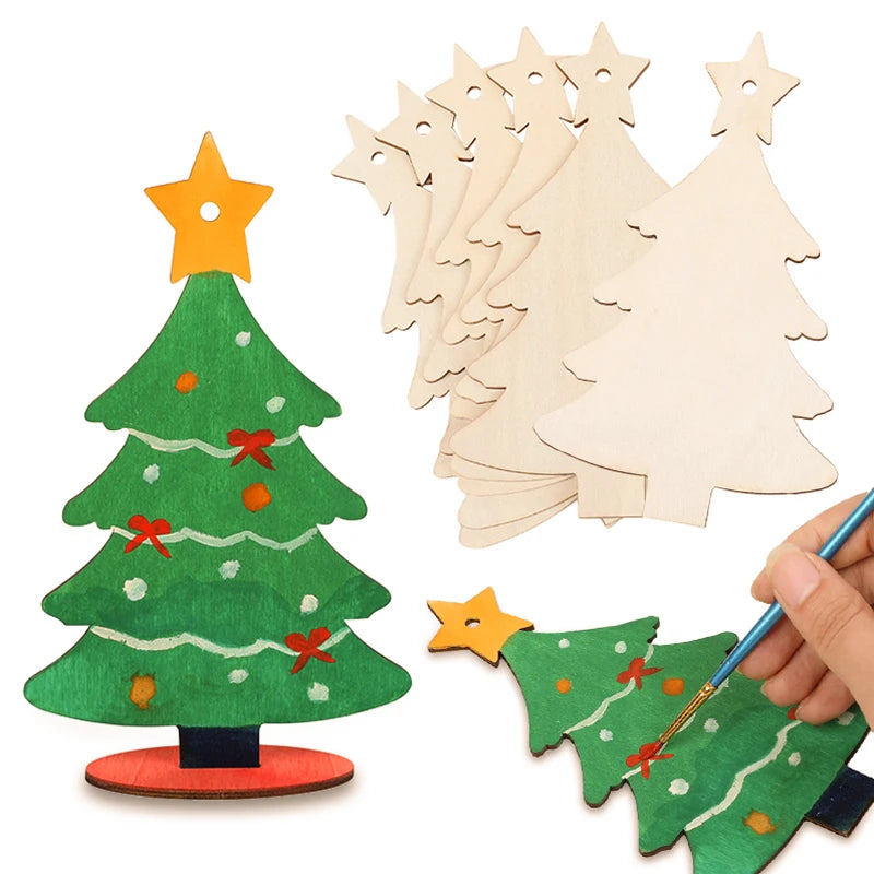 5/10/20Pcs Wooden Christmas Tree Tabletop Ornaments with Base Ropes Blank Xmas Tree Kids DIY Painting Craft Gift Home Decoration