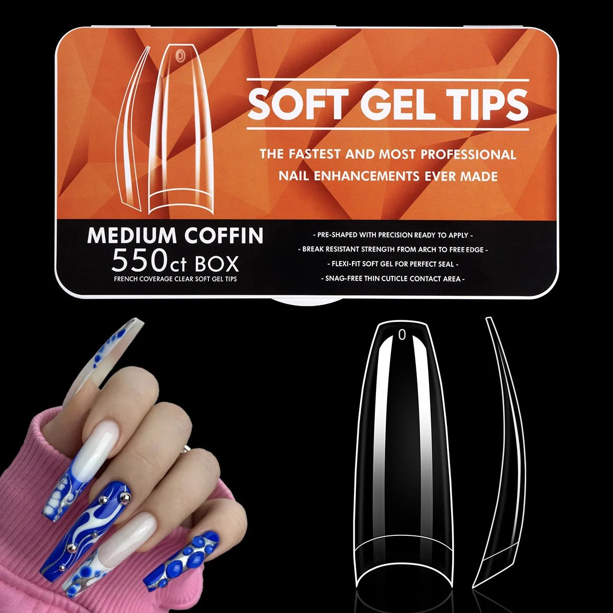 550pcs Coffin Almond Soft Gel Nail Tips False Half Cover Press On Acrylic Nails 11Sizes Fake Nails DIY Manicure Extension Tools