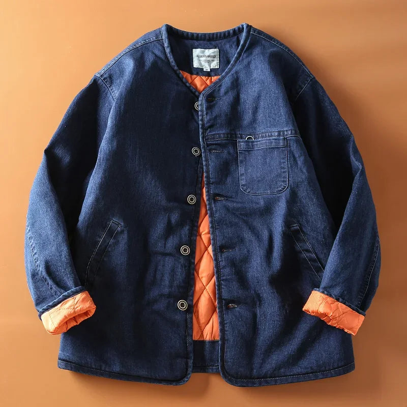 Autumn and Winter New Japan Fashion Retro Kaji Men's Collarless Quilted Thickened Warm Denim Jacket Cotton-Padded Coat ZL623