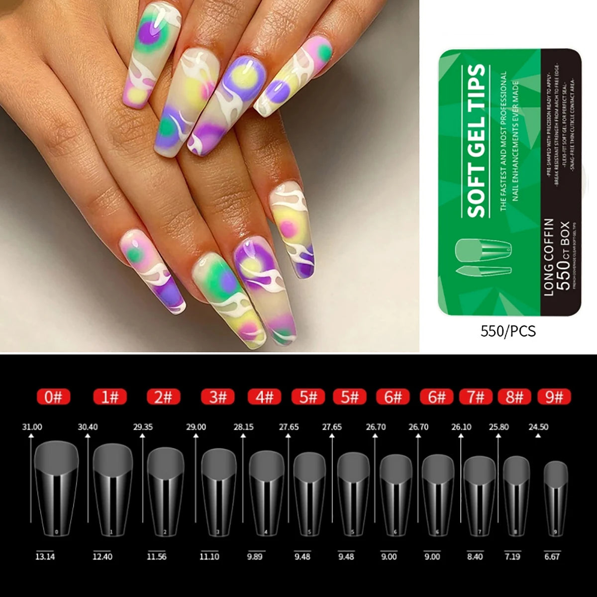 550pcs Coffin Almond Soft Gel Nail Tips False Half Cover Press On Acrylic Nails 11Sizes Fake Nails DIY Manicure Extension Tools